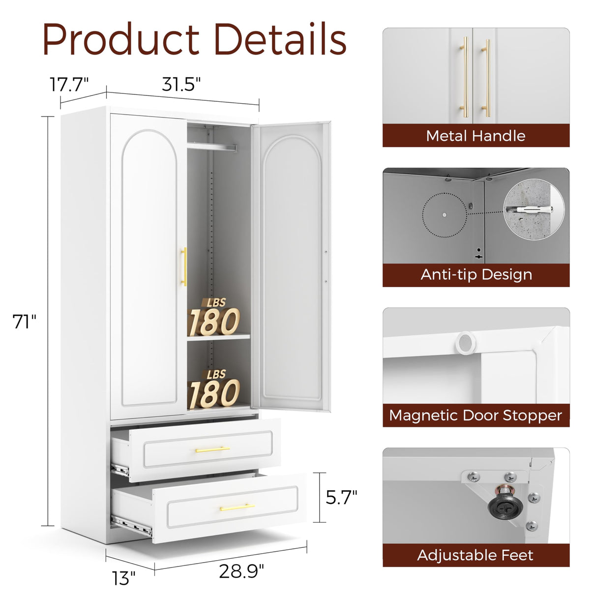 Kubohogar Metal Armoire Wardrobe Closet with 2 Drawers, 71" Tall Wardrobe Cabinet with Doors, Hanging Rod and Adjustable Shelves, White Clothing Storage Cabinets for Bedroom, Home Office Kubohogar