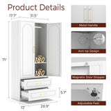 Kubohogar Metal Armoire Wardrobe Closet with 2 Drawers, 71" Tall Wardrobe Cabinet with Doors, Hanging Rod and Adjustable Shelves, White Clothing Storage Cabinets for Bedroom, Home Office Kubohogar