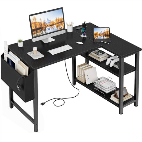 Lufeiya Small L Shaped Desk with Power Outlet Shelves, 40 Inch Corner Computer Desk for Small Space Home Office, L-Shaped Gaming Desk PC Desks with Charging Station, Black Lufeiya