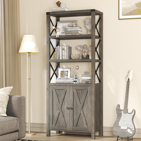 Book Shelf with Storage Cabinet, Farmhouse 5-Tier Bookshelf with Barn Doors and Adjustable Shelves Rustic Bookcase Organizer with Industrial X and Corner Decor for Home Office, Living Room, Study Vabches