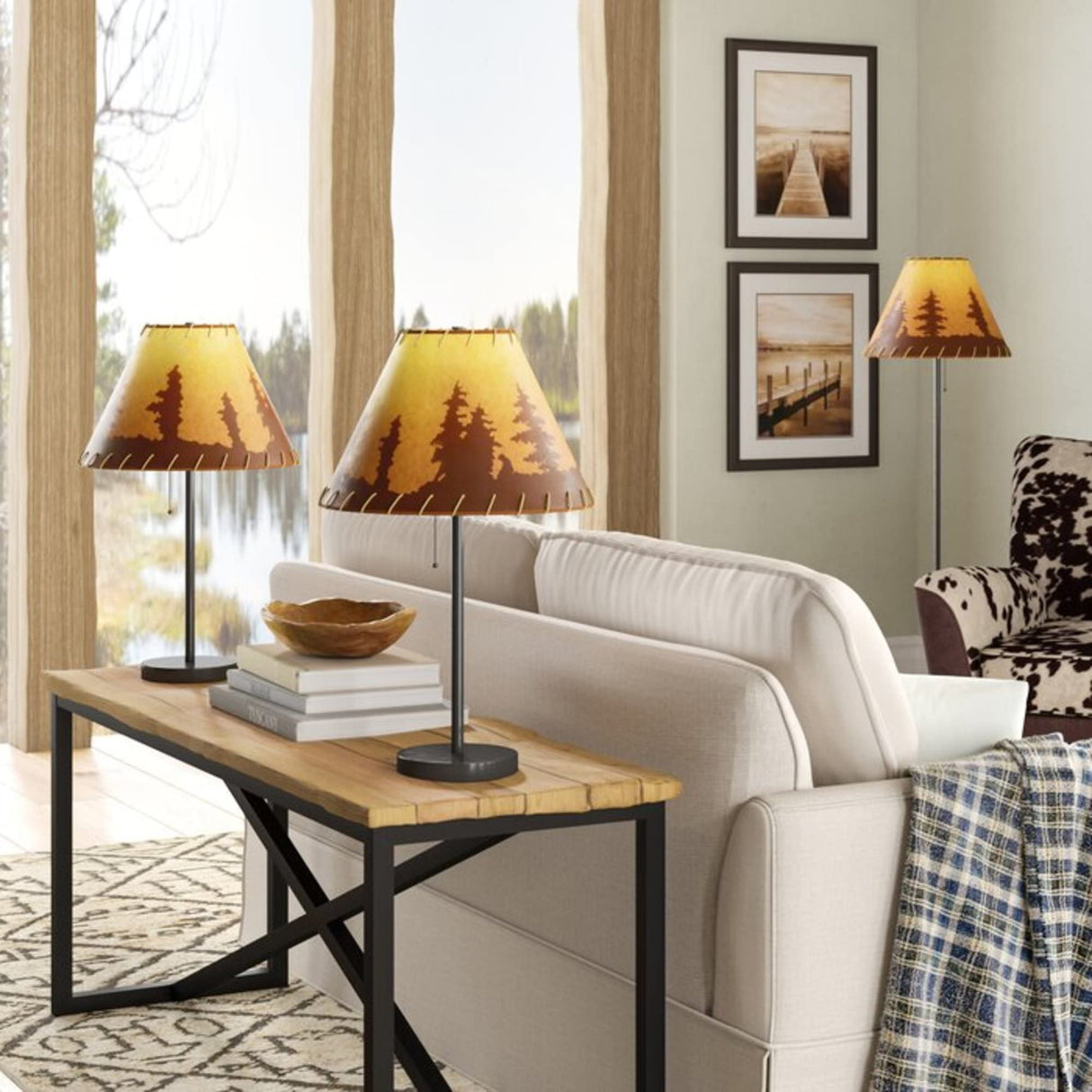 Catalina Lighting 19908-000 Rustic Cabin Lodge 3-Piece Table & Floor Lamp Set, LED Bulb NOT Included, 58", Forest Print,Set of 3 Catalina Lighting