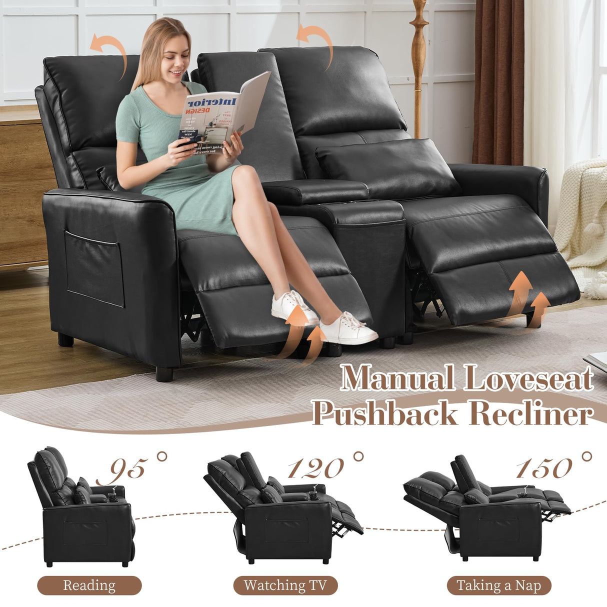 Loveseat Recliner Sofa, Push Back Double Wall Hugger Reclining Sofa Chair with Console, 2 Seat Leather Home Theater Seating with Cup Holder, Manual Comfy RV Furniture Sofa for Living Room, Light Black SENIFIS