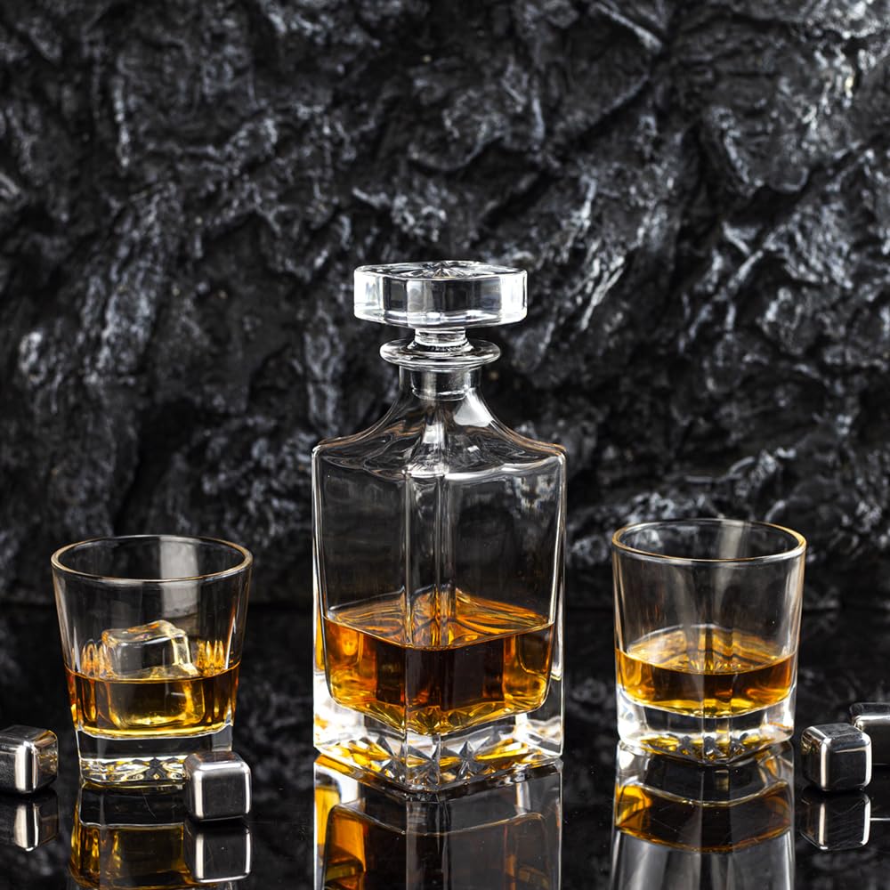 Square 25Oz Whiskey Liquor Decanter Set With 2 Glasses in Box,Decanter Set for Scotch Liquor,Whiskey Wine Decanter Suit for Men and Women Father Coworkers Lovers QUEEN&STONE LEAD FREE