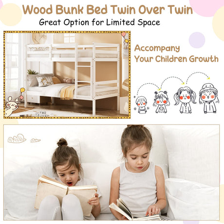 KOMFOTT Wood Bunk Bed Twin Over Twin, Bunk Bed with Ladder & Safety Guardrail, Solid Wood Bed Frame, Ideal for Dormitory & Multiple-Child Family, No Box Spring Needed, Kids Bed Frame KOMFOTT
