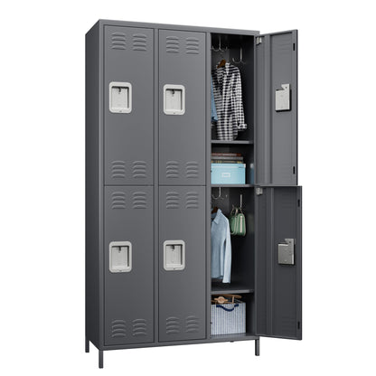 GangMei 6 Doors Metal Storage Locker, 72" H Employees Lockers Storage Cabinet with 12 Hooks, Lockable Steel Locker for Home, Office, Gym, School - WoodArtSupply