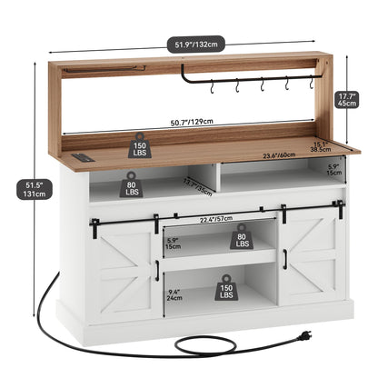 YITAHOME 52" Farmhouse Buffet Cabinet with Storage, Sliding Barn Door, Sideboard Cabinet with Goblet Holder, 5 Hooks and Power Outlets, Coffee Bar Cabinet for Kitchen, Living Room (White)