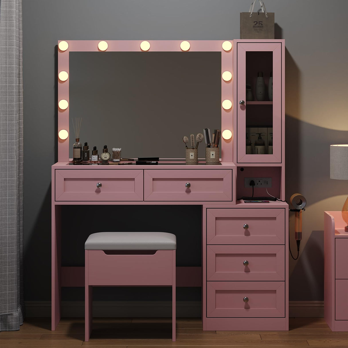 CollaredEagle 43" W Vanity Desk with Mirror & 11 Lights, 5 Drawer Modern Makeup Desk with Glass top & Cushioned Stool, 3 Lighting Modes Brightness Adjustable,Power Outlet,Bedroom，Pink CollaredEagle