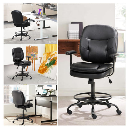 COLAMY Leather Drafting Chair-Tall Office Chair 275lbs,Standing Desk Chair with Adjustable Footrest Ring,High Office Counter Height Desk Chair Black