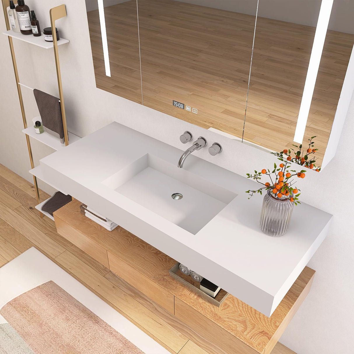 MEDUNJESS 47"X19" Stone Resin Wall Mounted Floating Sink, Bathroom Vanity with Sink,Solid Surface Bathroom Pedestal Sink Basin with No Faucet Hole and Pop-up Drain, Matte White MEDUNJESS