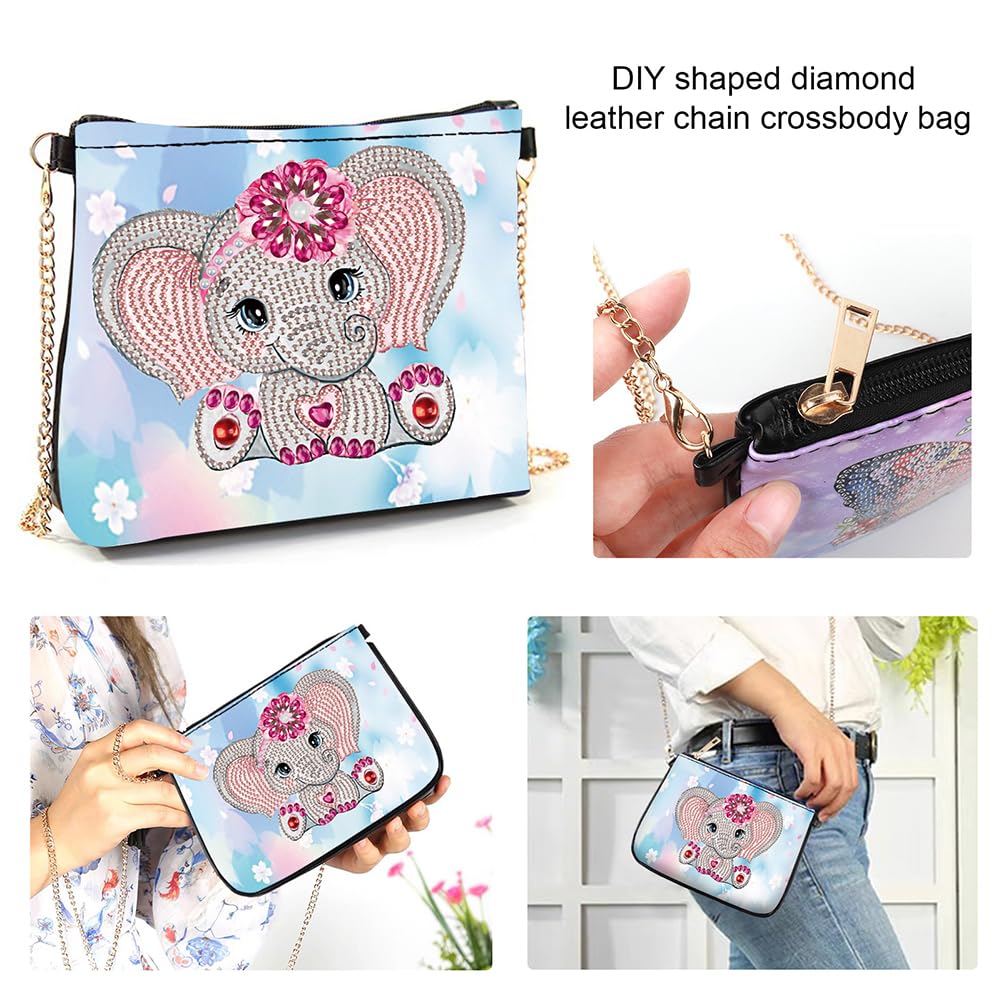 5D DIY Diamond Art Purses Diamond Art Kits for Adults, Elephant Shoulder Makeup Bag Chain Leather Clutch Purse, Holiday Birthday ﻿ POETRYDRAW