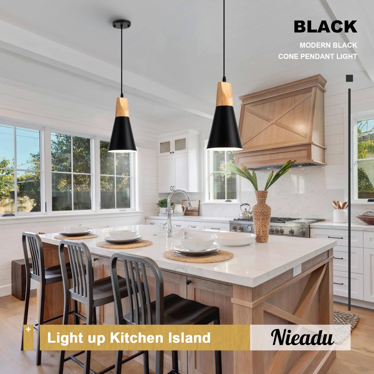 Black Wood Nordic Pendant Light for Kitchen Island, 3-Pack Modern Small Pendant Hanging Lighting for Dining Room, Restaurant, Bar, Light Over Island, Kitchen Sink Nieadu