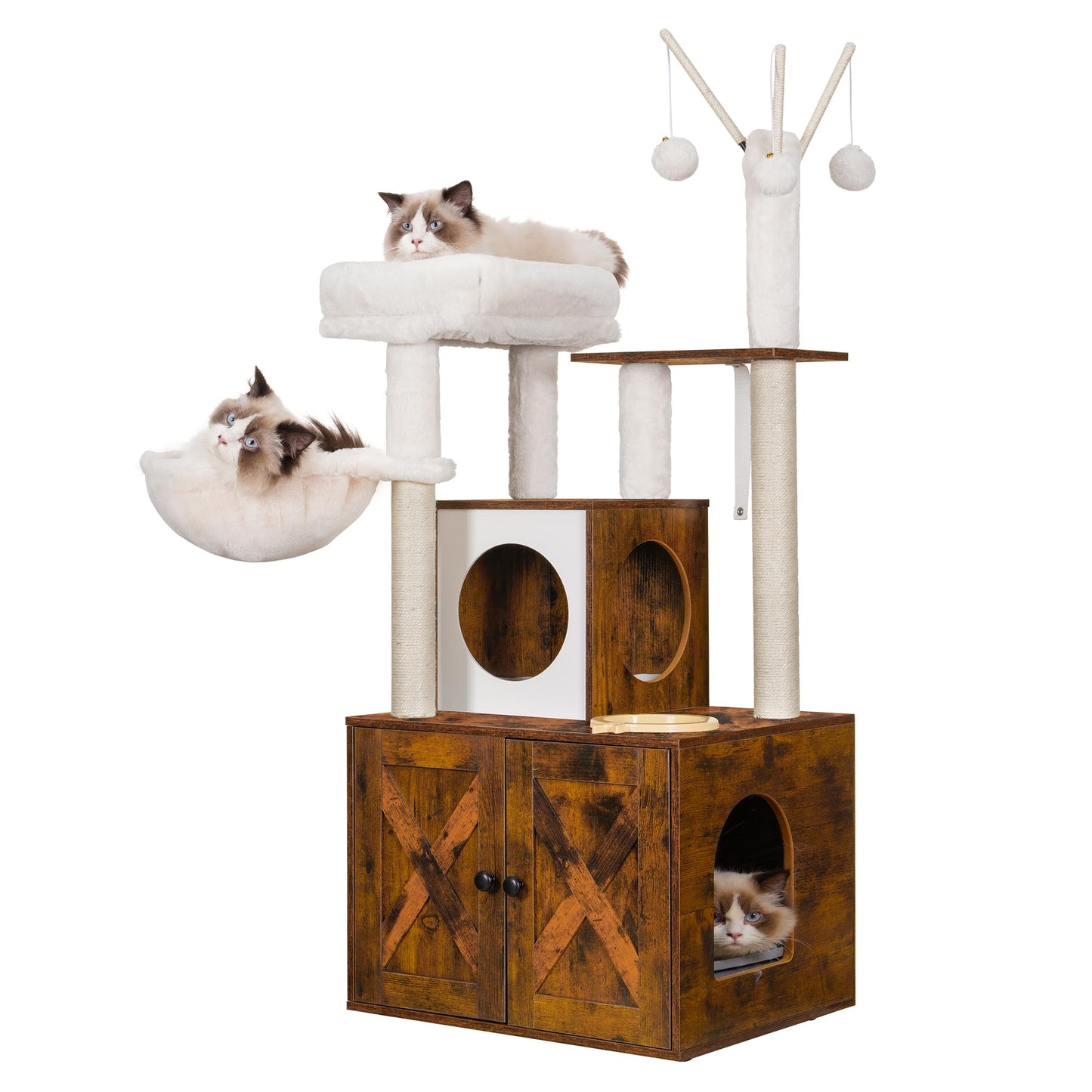 Heybly Cat tree, Wood Litter Box Enclosure with Food Station, All-in-one Indoor Cat Furniture with Large Platform and Condo, Modern Style Cat Tower, Hammock, Rustic Brown HCT102SR - WoodArtSupply