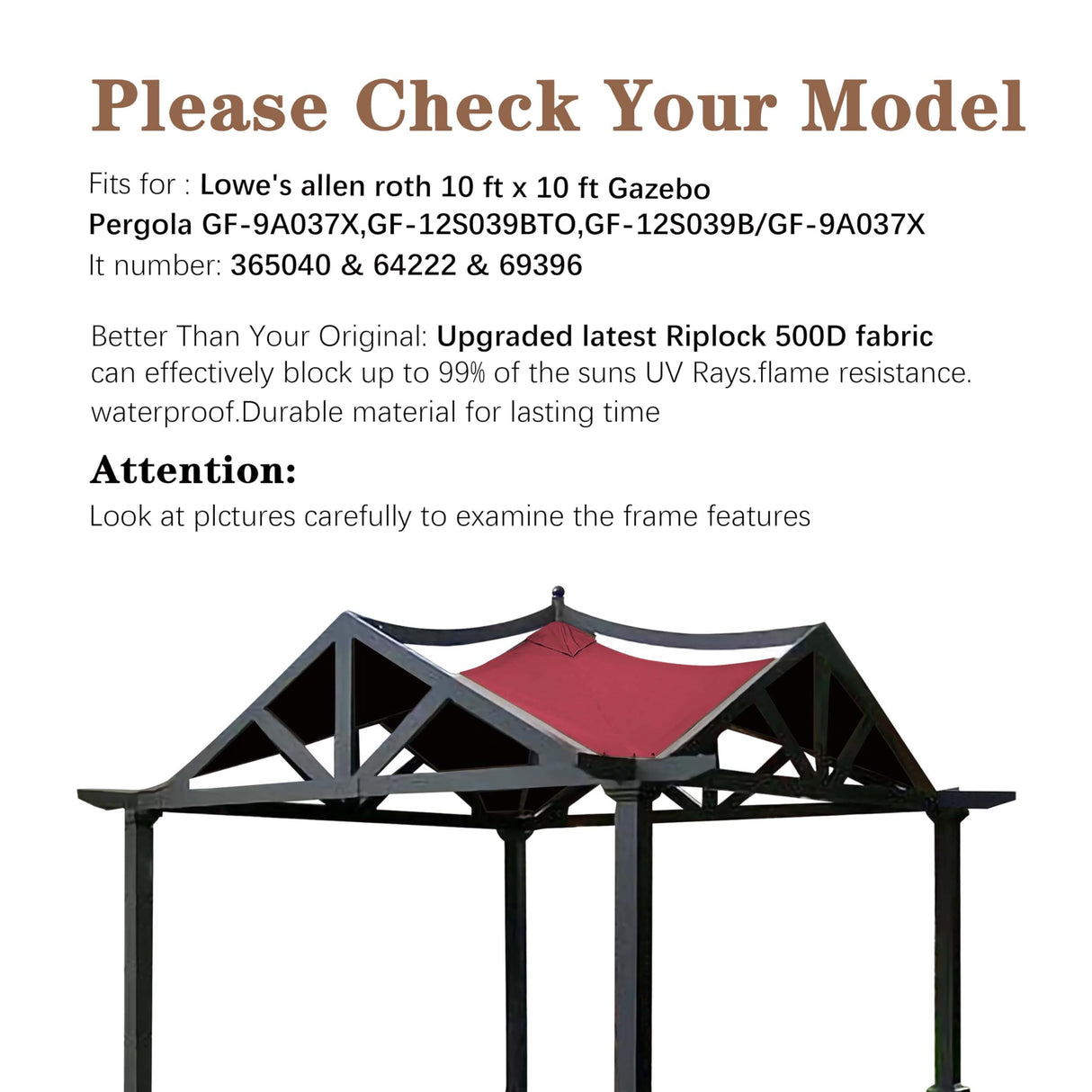 SCOCANOPY Replacement Top Fit for Lowe's Allen Roth 10X10 Ft Gazebo Model #GF-12S039B / GF-9A037X,(Burgundy) SCOCANOPY