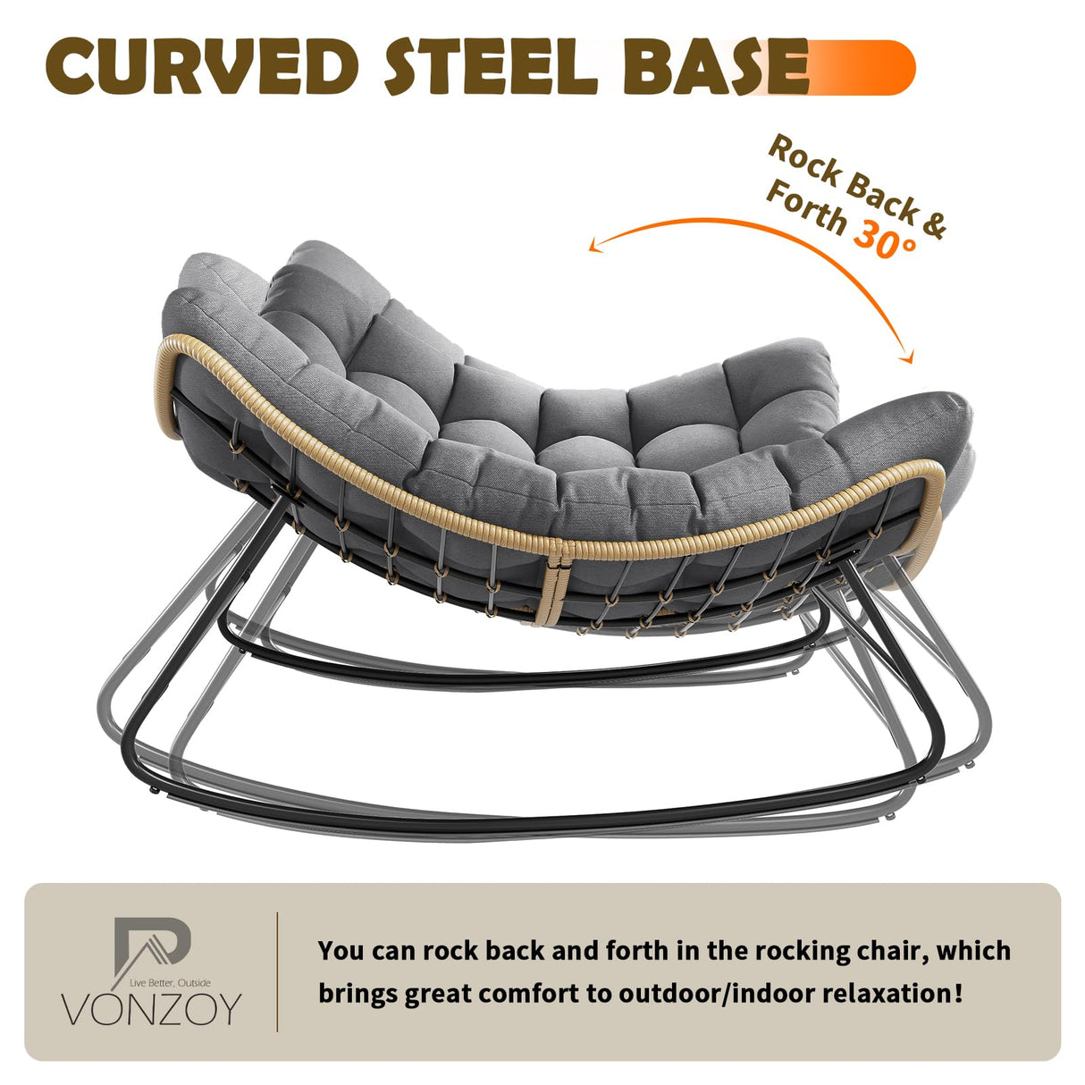 VONZOY Outdoor Rocking Chair, Indoor Papasan Chair, Oversized Egg Rocking Chair with Thick Cushion, Rattan Wicker Rocker Lounge Chair for Bedroom, Living Room, Patio, Garden, Porch (Dark Grey) VONZOY