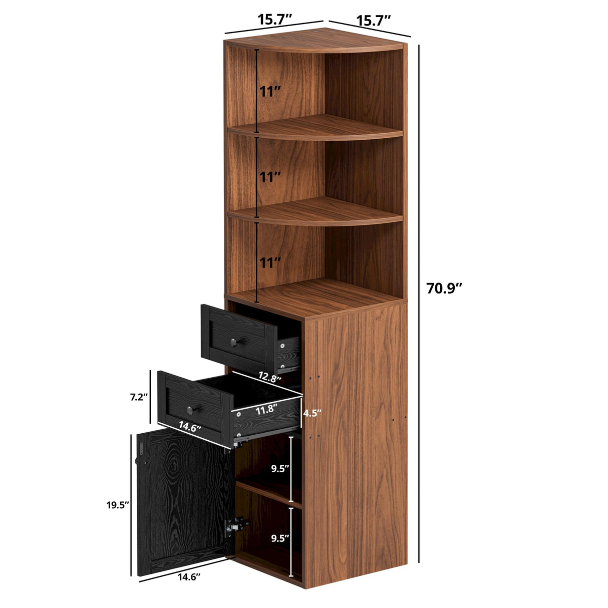 IRONCK Corner Bookshelf and Bookcase, 71" H Wooden Book Shelves 3 Tier with Drawers and Storage Cabinet for Living Room, Office, Bedroom, Brown and Black IRONCK