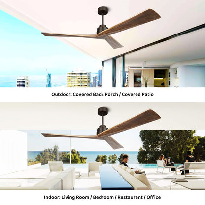 KAPOEFAN 60" Ceiling Fan No Light, Outdoor Ceiling Fans Without Light, Modern Wood Ceiling Fans with Remote, Quiet Energy Saving with 6 Speeds 8H Timer Black Wooden Fan for Farmhouse Patio - WoodArtSupply