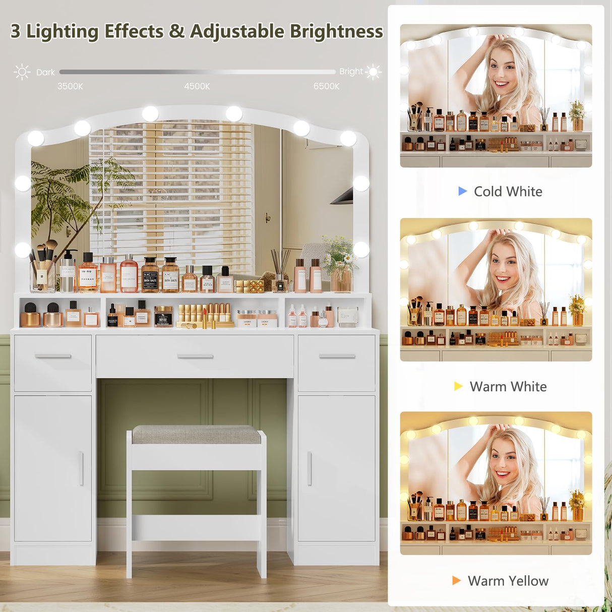 usikey Makeup Vanity with Lights, Vanity Desk, Makeup Vanity Table with 3 Drawers, 2 Cabinets & Long Storage Shelf, 10 Led Lights, Dressing Vanity Table with Stool, for Women, Girls, Bedroom, White usikey