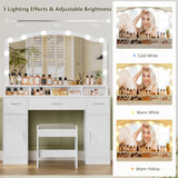 usikey Makeup Vanity with Lights, Vanity Desk, Makeup Vanity Table with 3 Drawers, 2 Cabinets & Long Storage Shelf, 10 Led Lights, Dressing Vanity Table with Stool, for Women, Girls, Bedroom, White usikey
