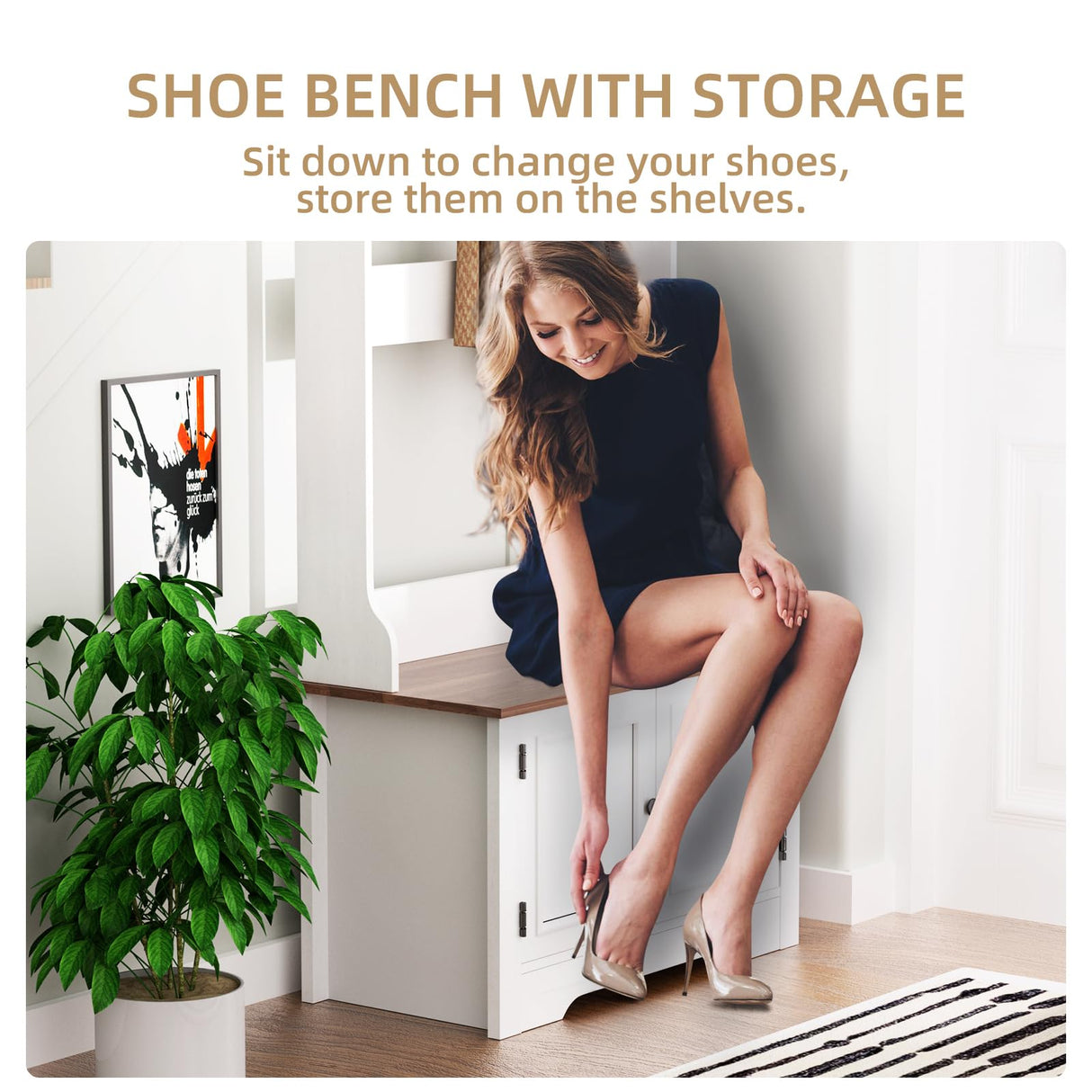 TOOBVEST Hall Tree with Shoe Storage, 5-in-1 Farmhouse Coat Rack with Shoe Bench, Standing Shoe Rack with 3 Hooks for Front Door Entrance Mudroom Entryway Bedroom Hallway Living Room, White and Walnut TOOBVEST