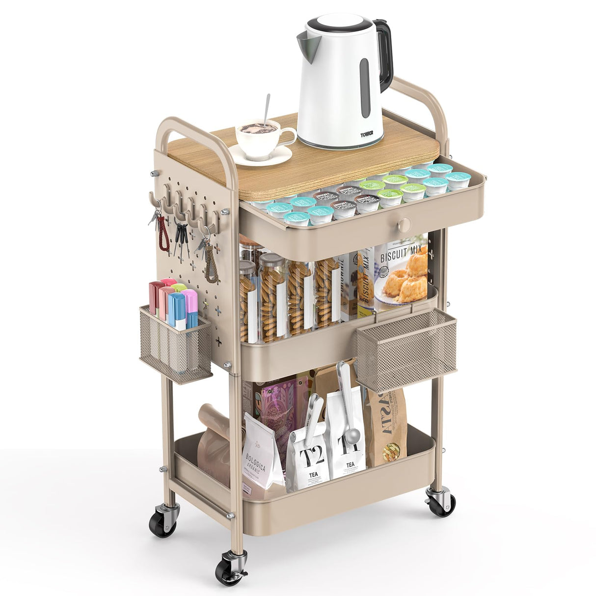 ALVOROG Rolling Cart with Drawer and Wood Table Top, 3 Tier Metal Rolling Utility Cart on Wheels with DIY Pegboards, Hanging Baskets, Hooks for Kitchen, Bedroom, Office, Craft Supplies ALVOROG
