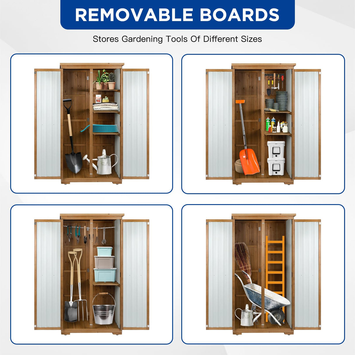 Outdoor Storage Cabinet Wood & Metal with Waterproof Roof, Garden Tool Shed with 3 Removable Shelves, 4 adjustable reinforced feet with metal brackets, 6 T-Hinge, magnetic door,15.6"D x 32.3"W x 66"H Gowoodhut