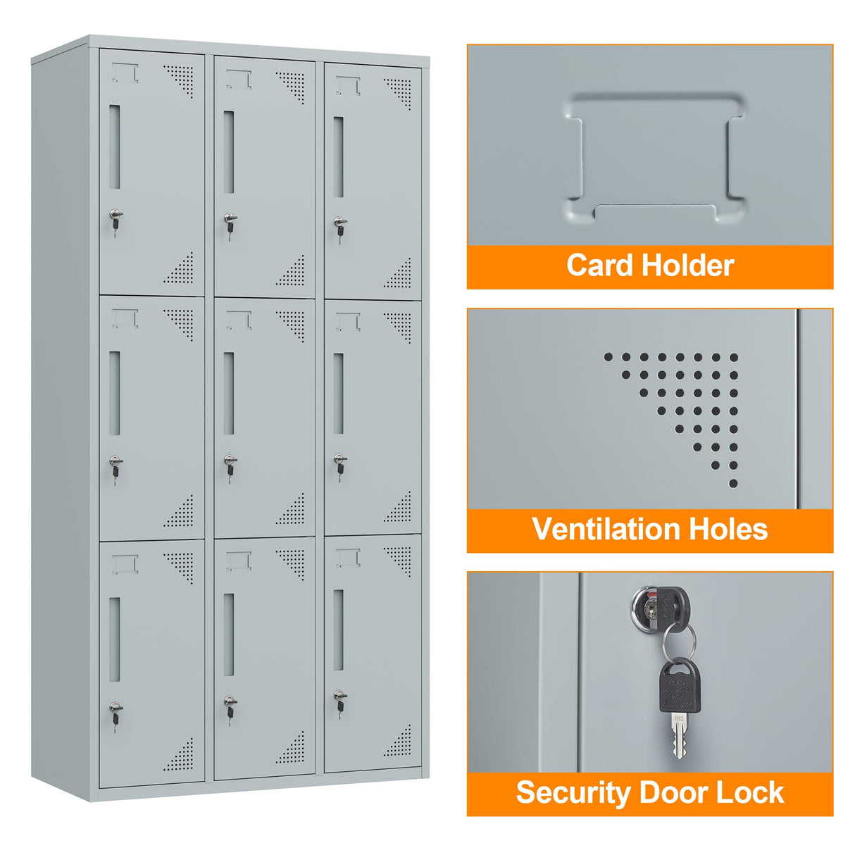 Anxxsu Metal Locker with 9 Doors Employees Locker, Metal Storage Locker with Hooks, 71" Storage Cabinet Lockers for Employees, Home, Office, Gym Requires Assembly (Grey) Anxxsu