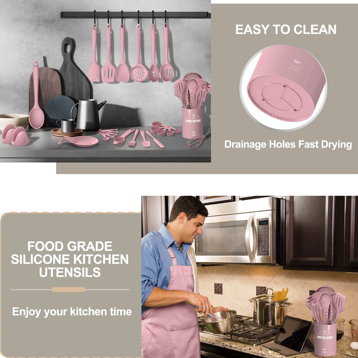 Silicone Cooking Kitchen Utensil Set, AIKKIL 43 Pcs Pink Cooking Utensils Set, Turner, Tongs, Spoon, Spatula, Kitchen Gadgets Tools Set For Nonstick Cookware, Heat Resistant (Dishwasher, BPA Free) AIKKIL