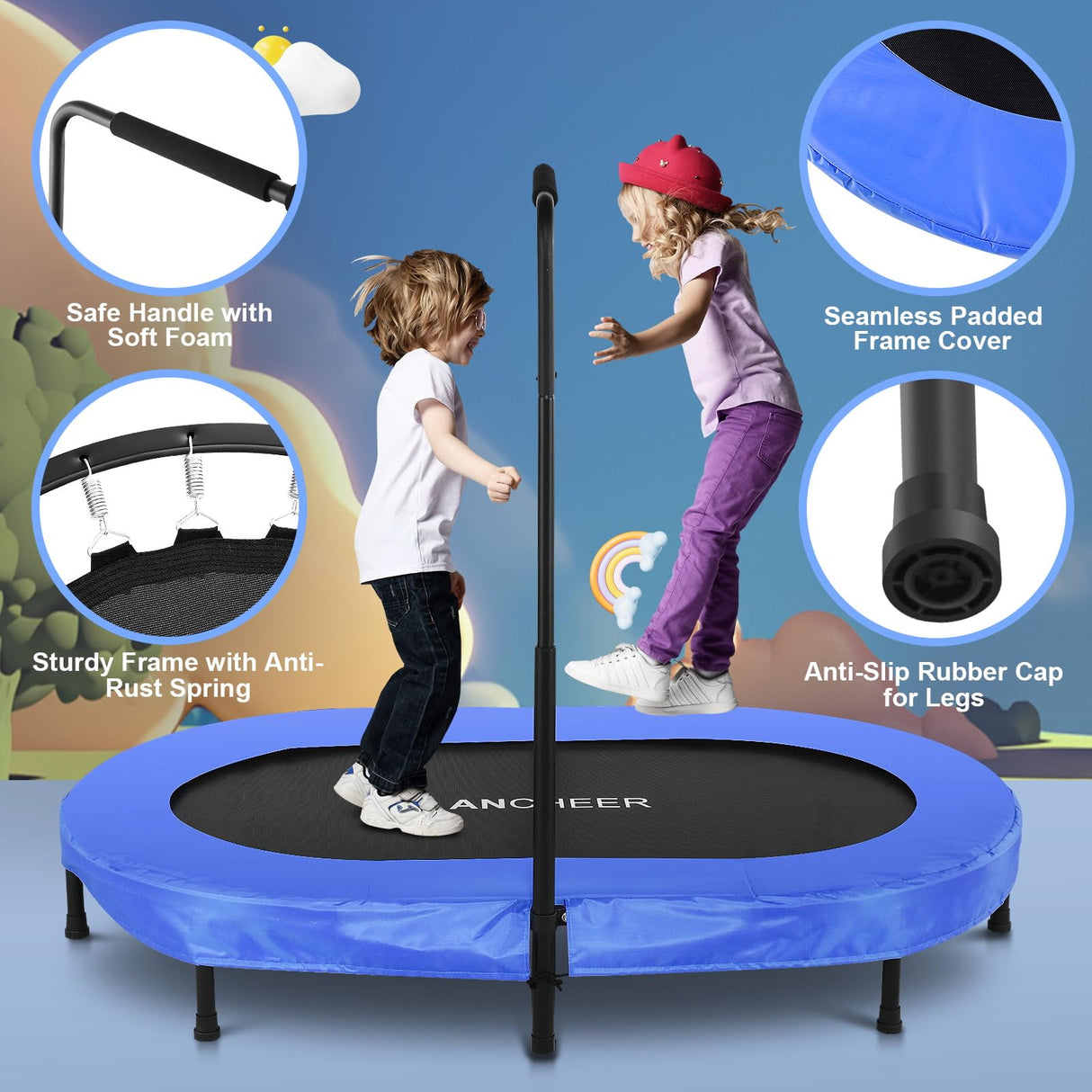 ANCHEER 56" Double Mini Trampoline for Kids, Mini Rebounder with 5-Level Adjustable Handle, Parent-Child Trampoline for Kids, Max Load 220lbs, Fun for Indoor/Outdoor ANCHEER