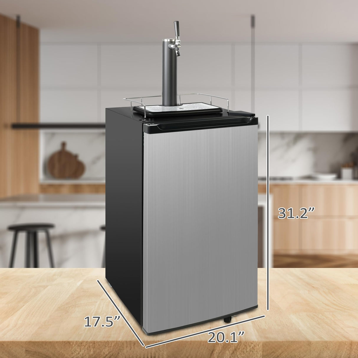 3.4 Cu.Ft. Kegerator, Keg Beer Cooler for Beer Dispensing with 4 Casters, CO2 Cylinder, Temperature Control, Drip Tray, Black Stainless Steel E-Macht