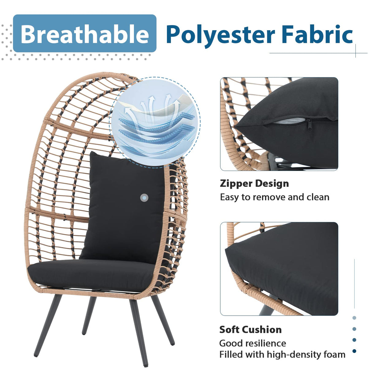 JOIVI Wicker Egg Chair, Outdoor Indoor Oversized Lounger Large Egg Basket Chair with Stand and Cushions for Patio Porch, Backyard, Living Room, Balcony (Beige Rattan, Black Cushion) JOIVI