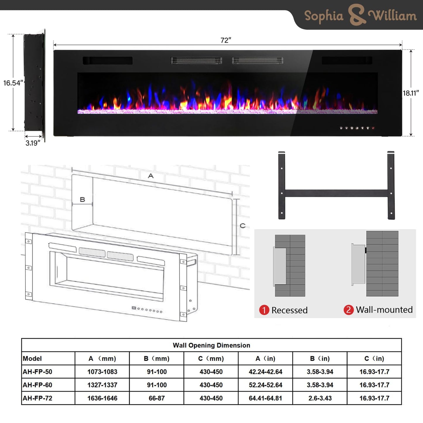 Sophia & William Electric Fireplace 72 Inch Wall Mounted & Recessed, Ultrathin 3.86" Electric Heater with Remote Control Touch Screen Noiseless, Fit for 2 x 4 & 2 x 6 Stud, Flame Color Adjustable