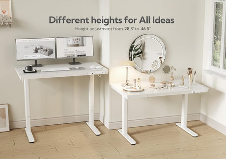 Claiks Glass Standing Desk with Drawers, 55 Inch Adjustable Stand Up Desk, Quick Install Home Office Computer Desk with USB Ports, White Claiks