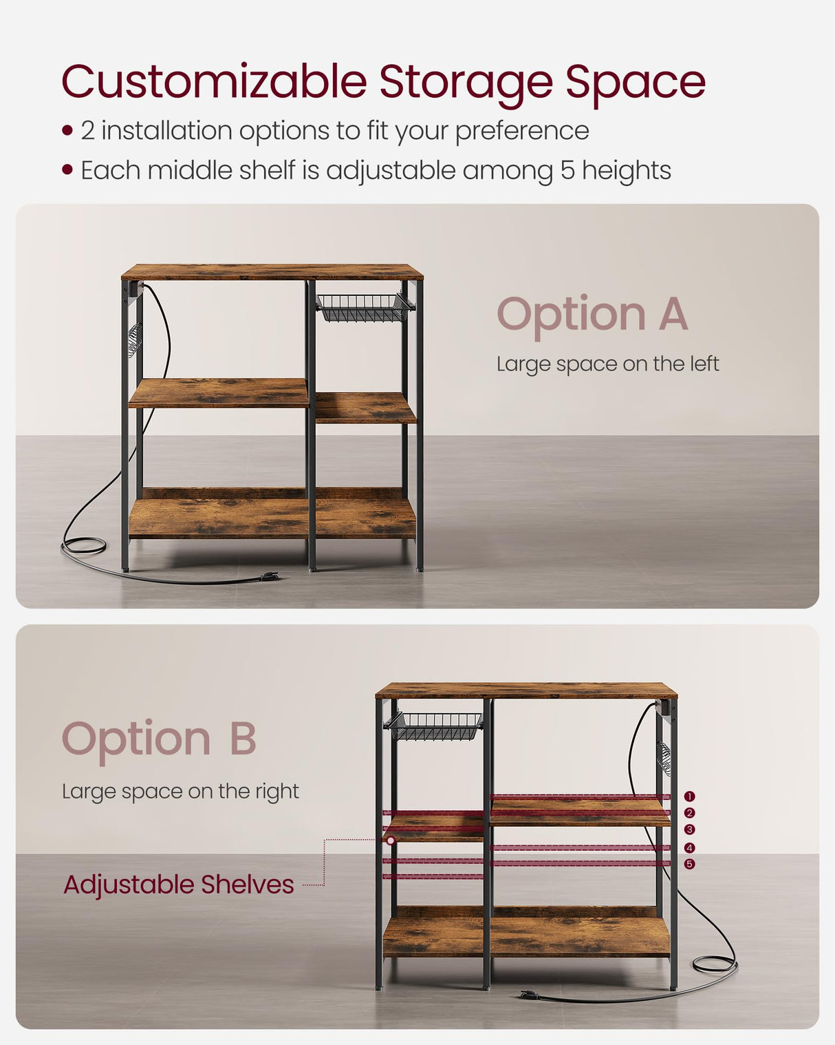 VASAGLE Baker's Rack, Coffee Bar Stand with Charging Station, Storage Shelves, Pull-Out Wire Basket, Table for Microwave, Kitchen, Rustic Brown UKKS036K01, 15.7 x 35.4 x 35.6 Inches VASAGLE