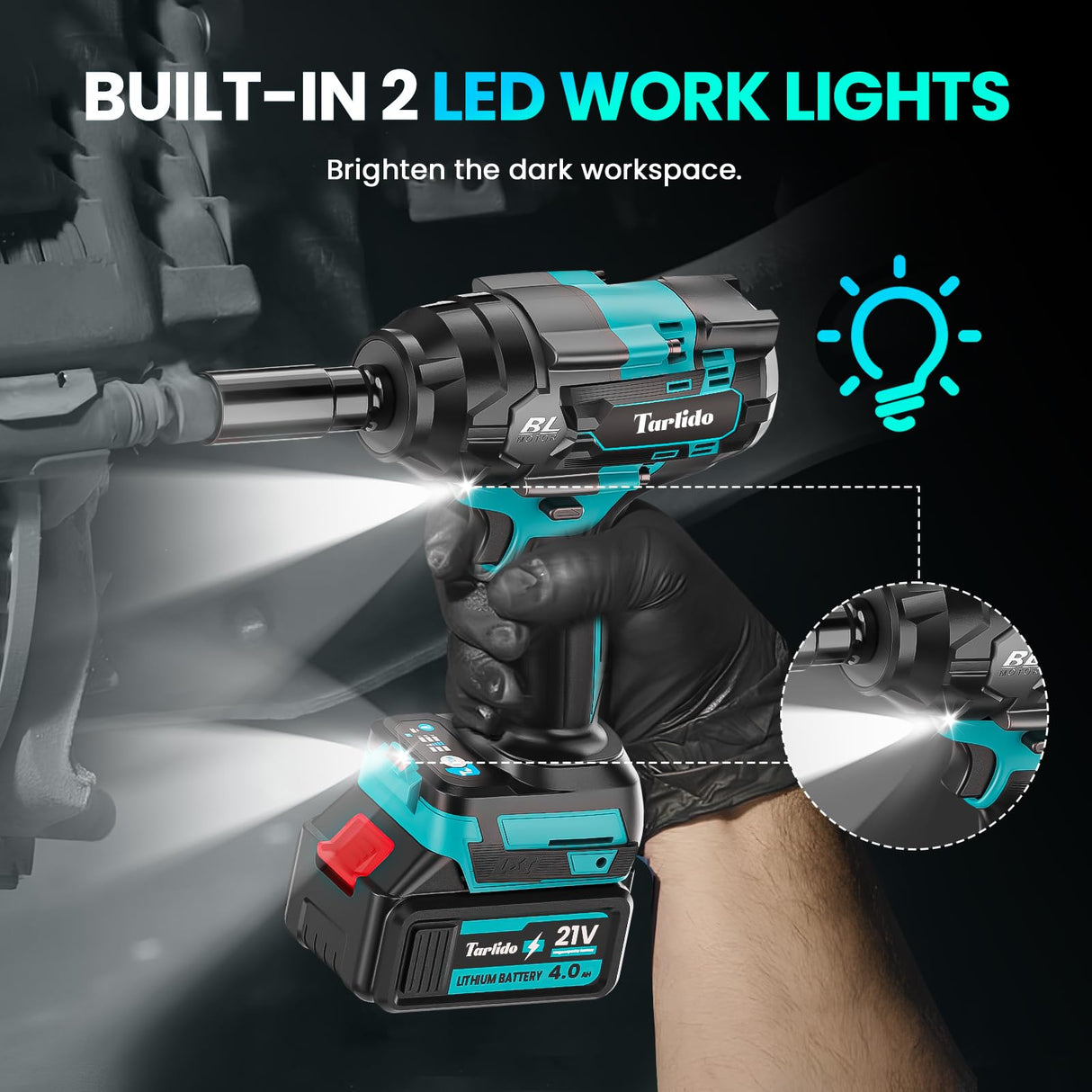 Tarlido Cordless Impact Wrench, 1000 N.m/740 FT-LBS,1/2 Inch Brushless Impact Gun,3200 RPM High Torque,Electric Impact Driver with 2x 4.0Ah Batteries, 5 Sockets Tarlido