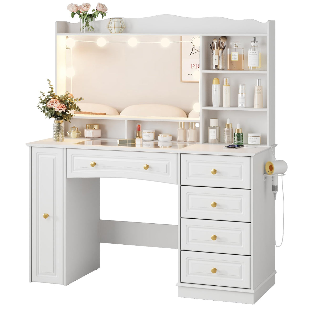 Maupvit 47.1" Makeup Vanity with Mirror and Lights,White Vanity Desk with Drawers and Shelves，Large Makeup Table with Glass Top，Bedroom Dressing Table Maupvit