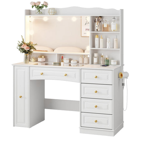 Maupvit 47.1" Makeup Vanity with Mirror and Lights,White Vanity Desk with Drawers and Shelves，Large Makeup Table with Glass Top，Bedroom Dressing Table Maupvit
