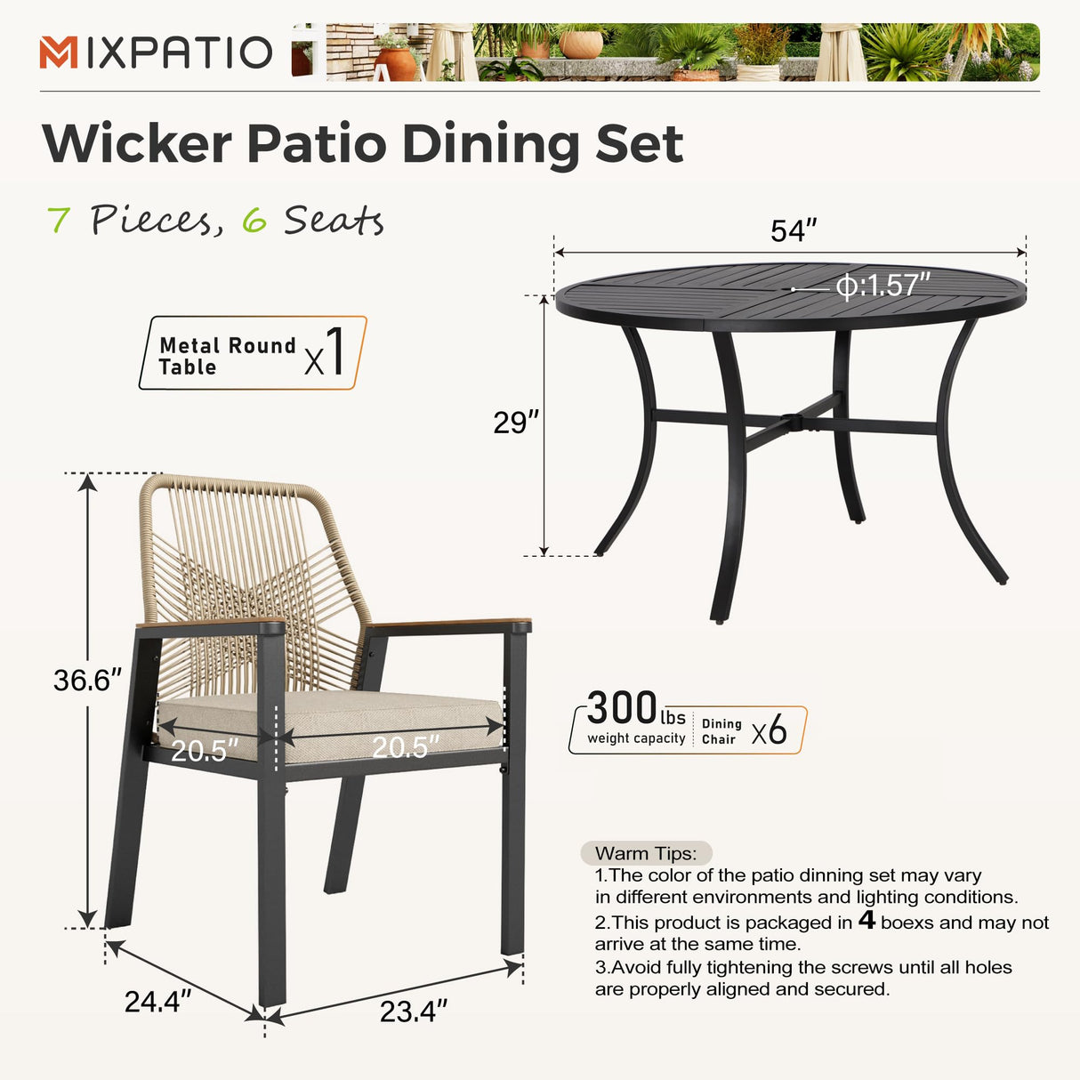 MIXPATIO 7 Pieces Round Outdoor Dining Set for 6, Patio Dining Set Wicker Rattan Chairs with Soft Cushion and 54" Round Table with Umbrella Hole, Round Patio Table and Chairs for Backyard Porch MIXPATIO