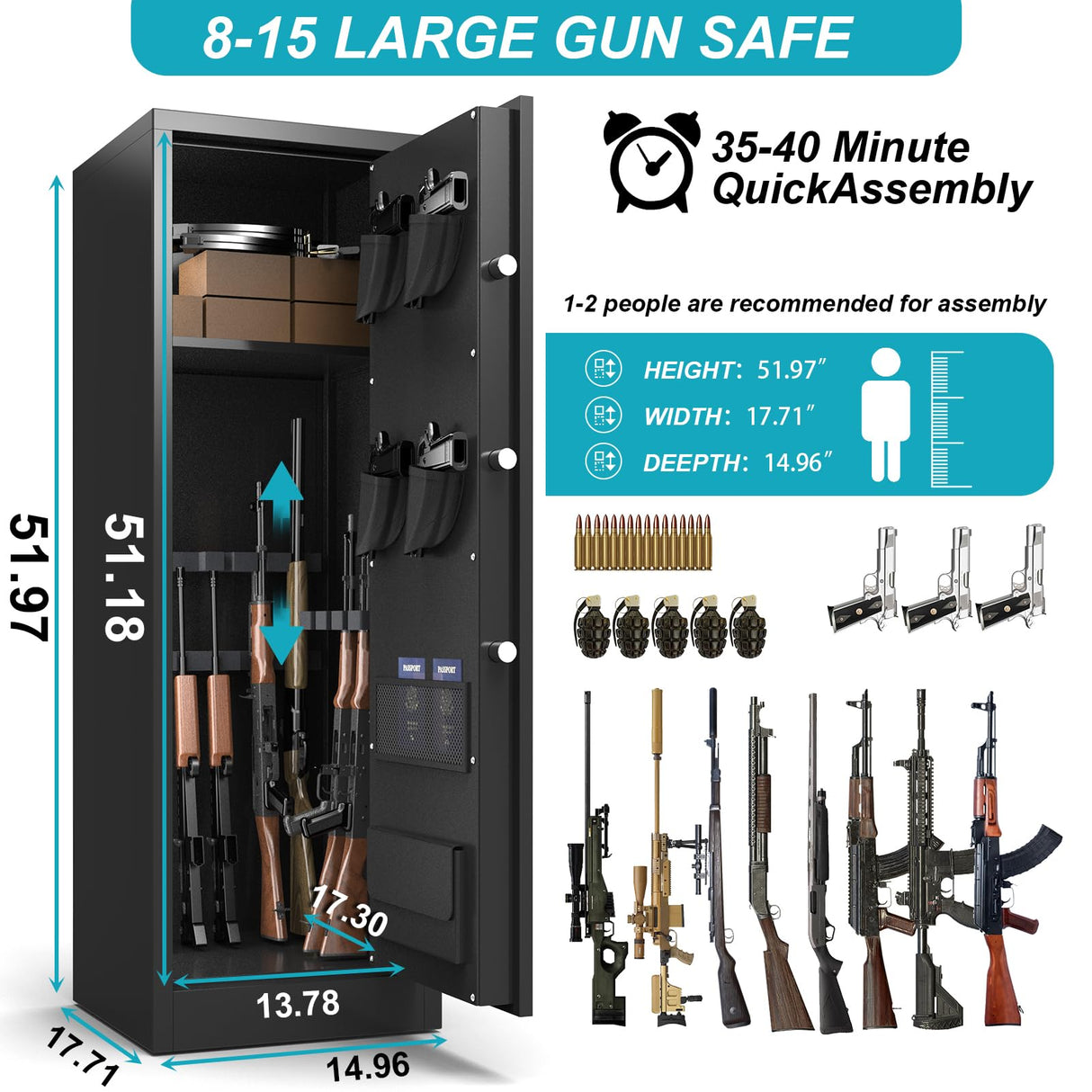 Marcree Gun Safe, Large Electronic 8-12 Gun Cabinet for Rifles and Shotguns, Digital Rifle Safe with Dual Alarm System, Guns Locker with Removable Shelf, Mute Function, Handgun Bag, Assemble Required Marcree