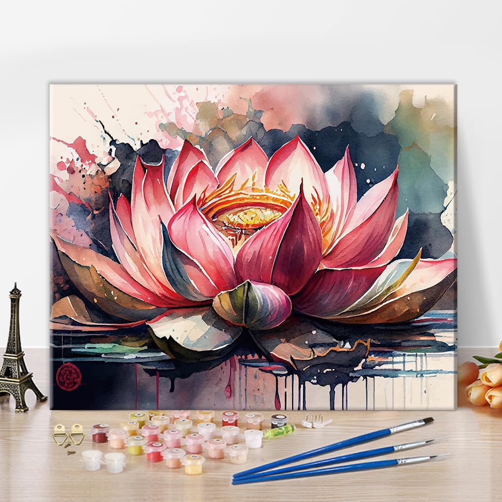 TUMOVO Pink Lotus Paint by Numbers, Retro Flower Paint by Numbers, Colorful Abstract Lotus Oil Painting Kit, DIY Acrylic Painting for Adults with Brushes and Pigment, 16x20 Inch TUMOVO