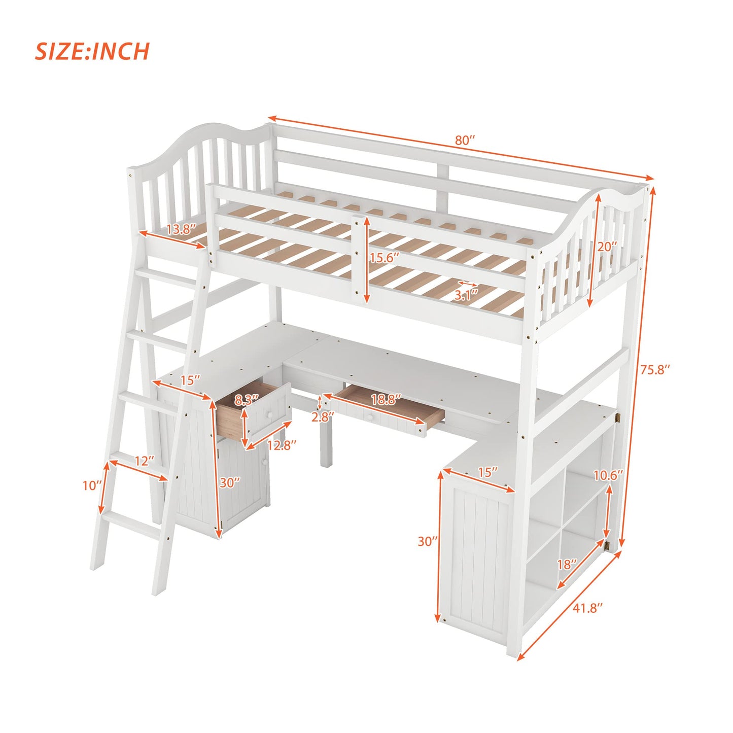 Harper & Bright Designs Twin Loft Bed with Desk, Wooden Loft Bed Frame with Storage Drawers, Cabinet, Shelves, for Kids Teens Adults (Twin Size, White)