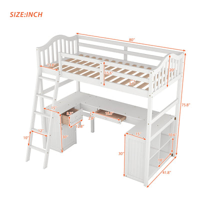 Harper & Bright Designs Twin Loft Bed with Desk, Wooden Loft Bed Frame with Storage Drawers, Cabinet, Shelves, for Kids Teens Adults (Twin Size, White)