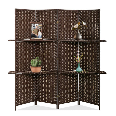 Room Dividers and Folding Privacy Screens 4 Panel 67 Inch Tall Portable Room Seperating Divider w/ 2 Display Shelves Solid Wood Room Partitions and Dividers Freestanding for Home, Office Dkeli