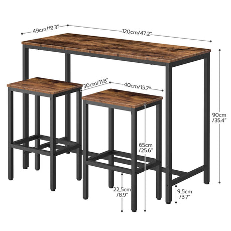 HOOBRO Bar Table and Chairs Set, 47.2” Rectangular Pub Table with 2 Stools for Small Space, High Top Table, 3-Piece Breakfast Table Set, Sturdy Metal Frame, Easy to Assemble, Rustic Brown BF52BT01 HOOBRO