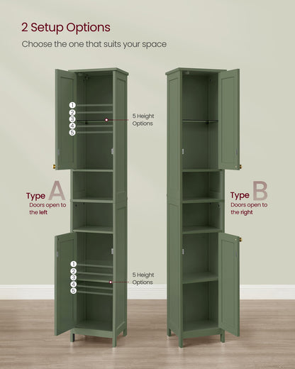 VASAGLE Tall Bathroom Cabinet with Lights, Slim Bathroom Storage Cabinet, Freestanding Narrow Cabinet with Adjustable Shelves, for Small Spaces, Modern, 11.8 Inches Wide, Forest Green UBBC566C01