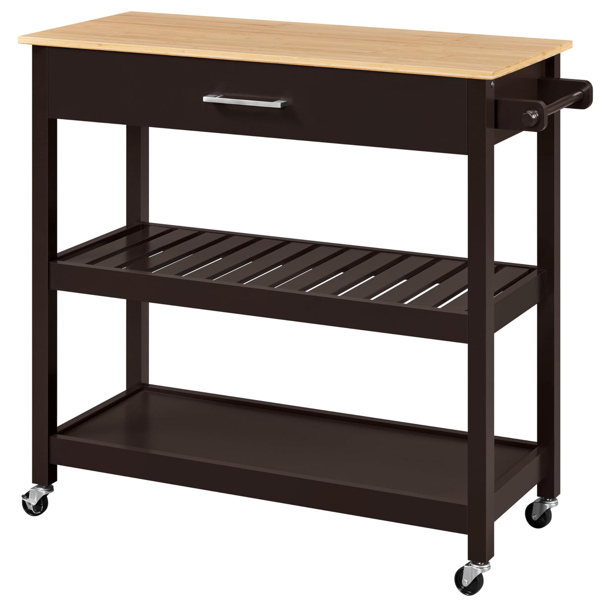 Yaheetech Kitchen Island Cart on Wheels with Bamboo Tabletop, 3-Tier Rolling Kitchen Island Microwave Cart with Drawer, Detachable Towel, 3 Hooks, 17″D × 37.5″W, Espresso Yaheetech