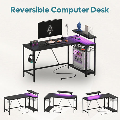 Bestier 58 L Shaped Gaming Desk with LED Lights & Power Outlets,Reversible Home Office Corner Desk with Shelves,Larger PC Workstation with Hooks for Studying,Desk for Bedroom,Carbon Fiber Black Bestier
