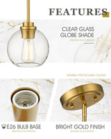 Audickic Brass Pendant Lights Kitchen Island 2 Pack, Farmhouse Gold Pendant Light with Clear Glass Globe Shade, Kitchen Island Lighting for Dining Room Entryway, AD-22280-1P2-GD-C Audickic