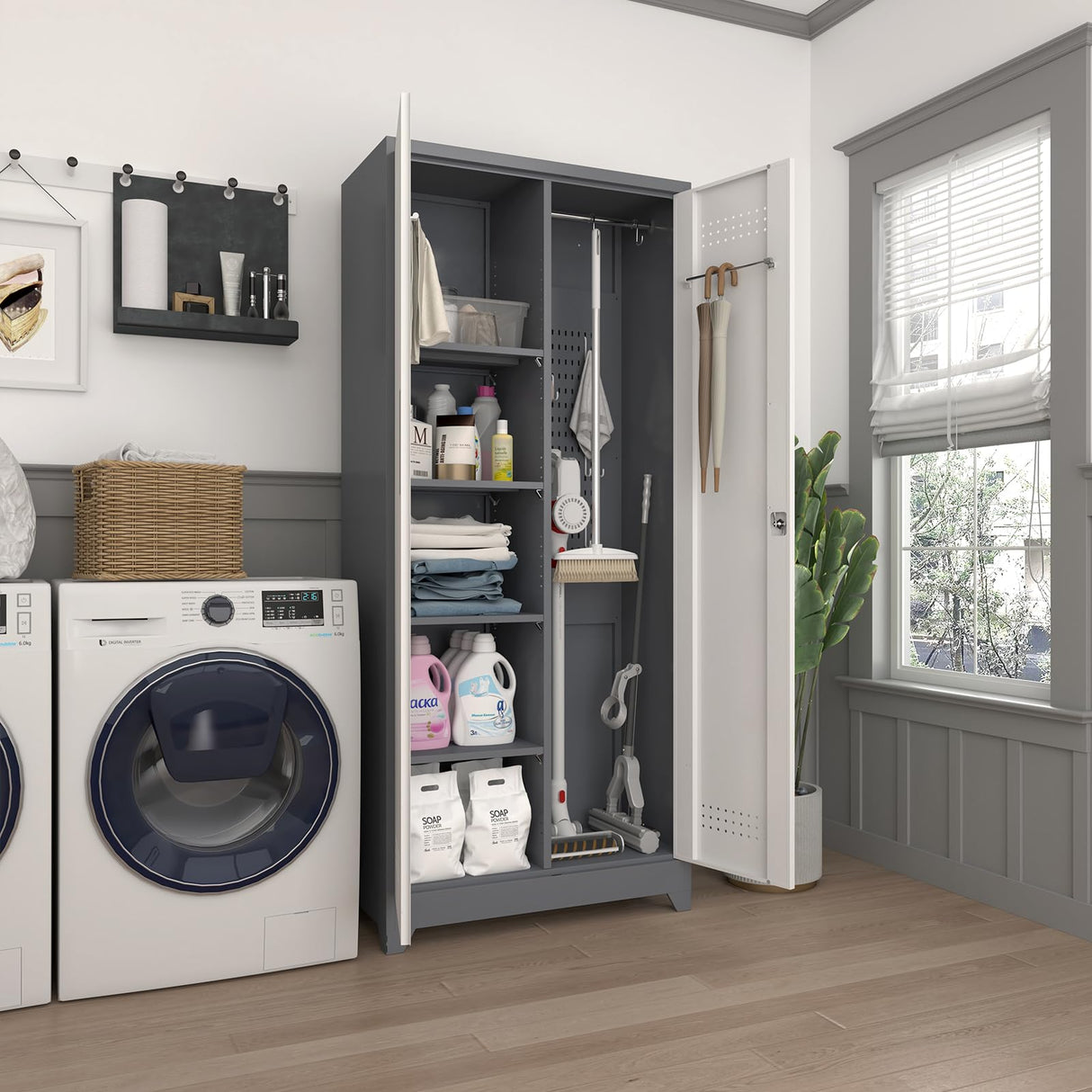 IRONFFICE 72.8" H Metal Storage Cabinet for Brooms,Broom Closet Storage Cabinet,Utility Cabinet for Brooms and Mops,Laundry Room Closet Storage Cabinets IRONFFICE