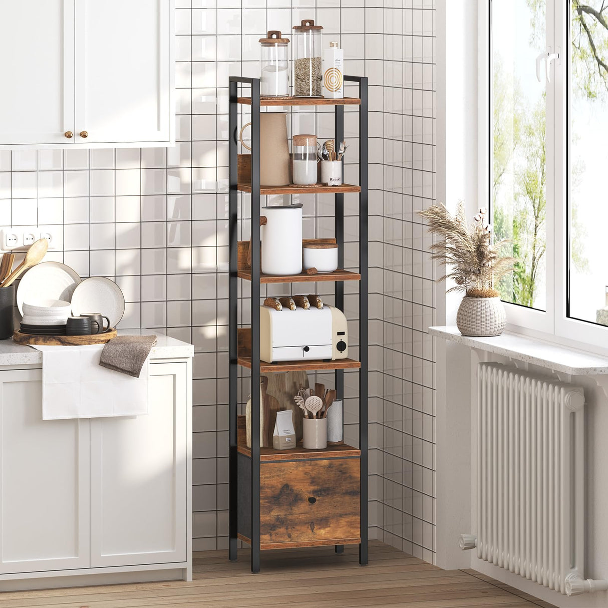 MAHANCRIS Bookshelf, 6-Tier Bookcase with Drawer, Small Book Shelf for Small Space, Storage Shelf Organizer, for Living Room, Bedroom, Study, Kitchen, Rustic Brown and Black BKHR66101 MAHANCRIS
