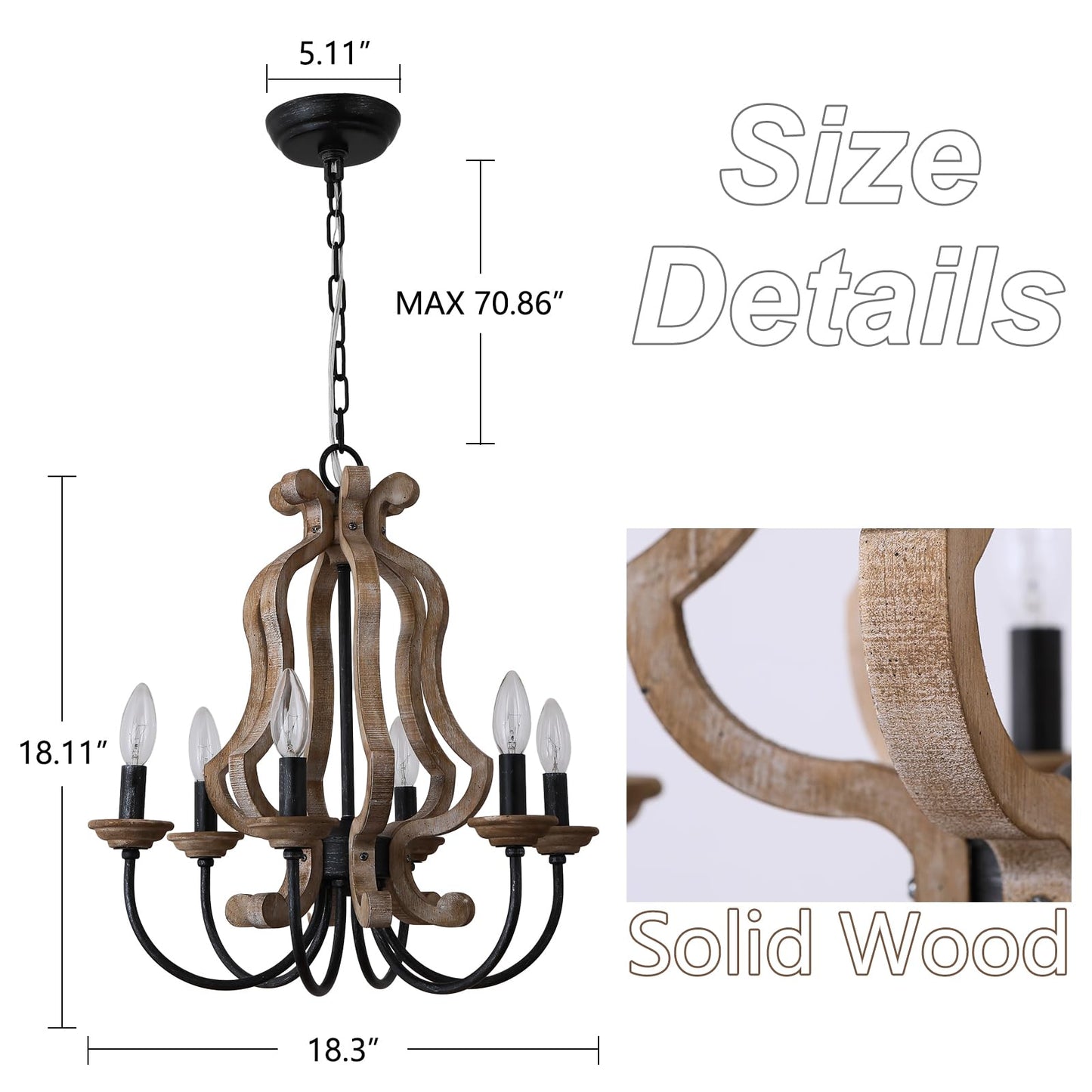 ANQIANYUE Farmhouse Chandelier, 6-Lights Wood Chandelier, Distressed Black Pendant Light Adjustable Height, Rustic Chandeliers for Dining Room Kitchen Island Foyer Living Room Entryway Hallwa - WoodArtSupply